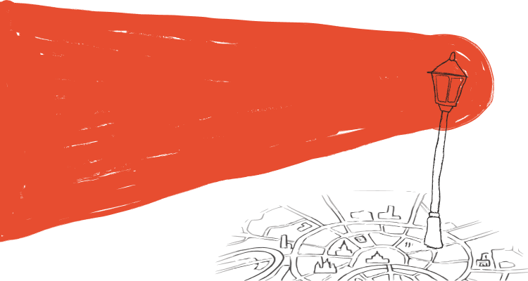 Илюстрация фонаря, который освещает карту города. Символ ориентира и помощи